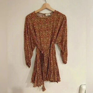 AURA Ballon Sleeve bat wing braided Belt flowy Boho floral fall mini dress S-M